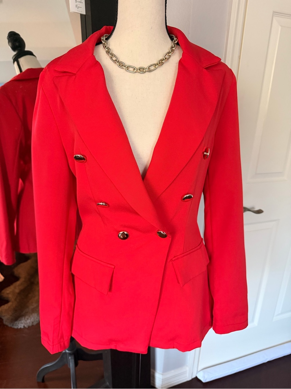 SHEIN Red Double-Breasted Blazer with Gold Buttons